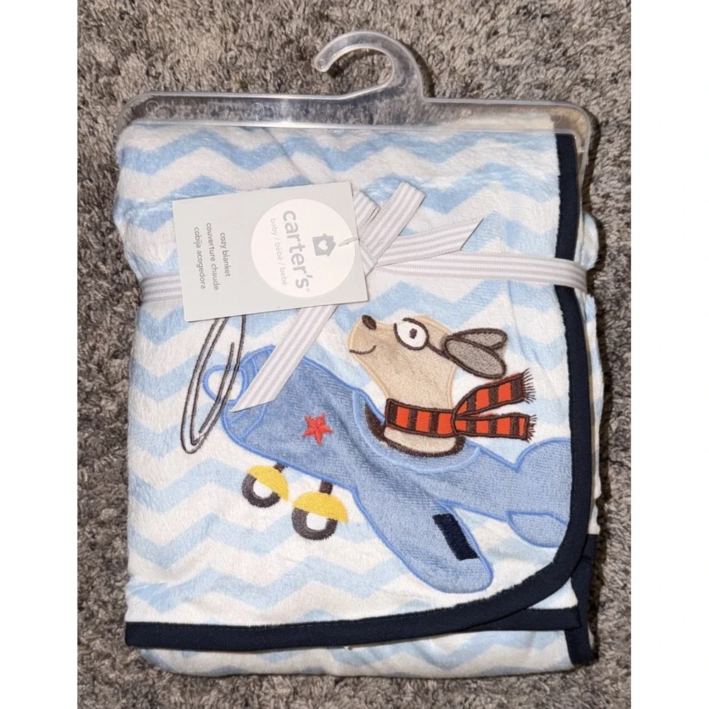 Carter's Baby Blanket Aviator Puppy Plane Chevron Stripes Blue Brown 2013